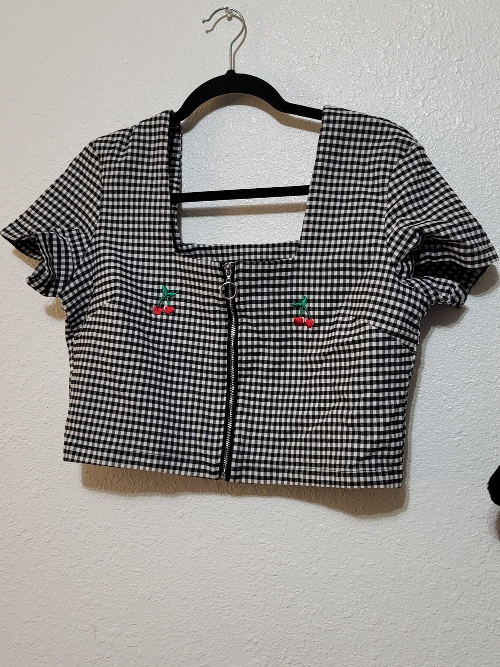 Lazy Oaf Black & White Gingham Zip Crop Top with Cherry Embroidery